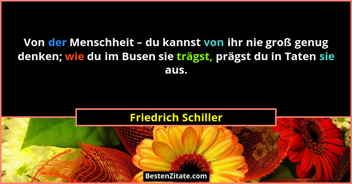 Von der Menschheit – du kannst von ihr nie groß genug denken; wie du im Busen sie trägst, prägst du in Taten sie aus.... - Friedrich Schiller