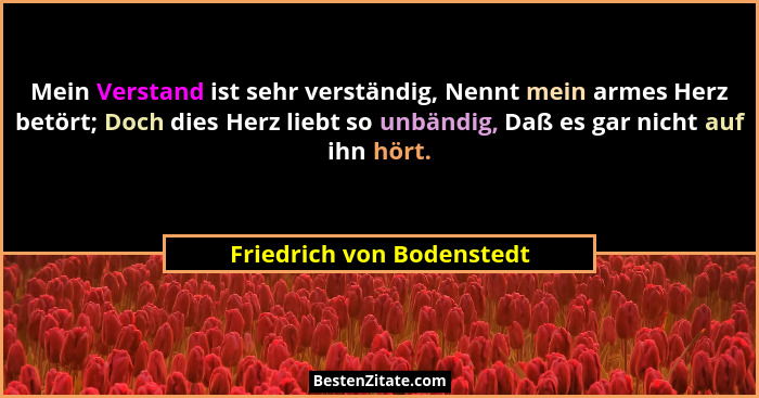 Mein Verstand ist sehr verständig, Nennt mein armes Herz betört; Doch dies Herz liebt so unbändig, Daß es gar nicht auf ihn... - Friedrich von Bodenstedt