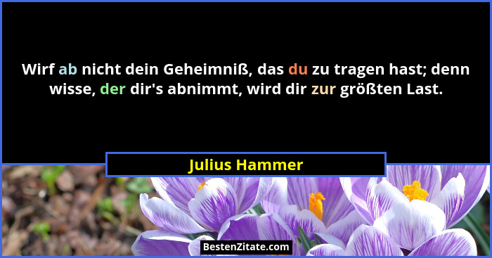 Wirf ab nicht dein Geheimniß, das du zu tragen hast; denn wisse, der dir's abnimmt, wird dir zur größten Last.... - Julius Hammer