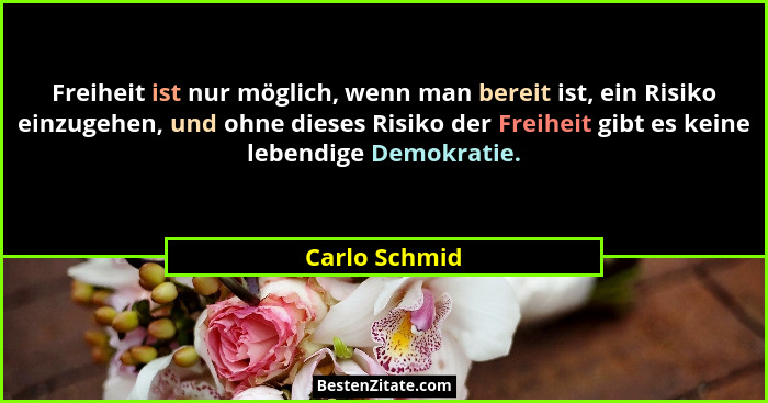 Freiheit ist nur möglich, wenn man bereit ist, ein Risiko einzugehen, und ohne dieses Risiko der Freiheit gibt es keine lebendige Demok... - Carlo Schmid