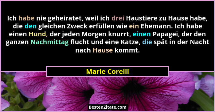 Ich habe nie geheiratet, weil ich drei Haustiere zu Hause habe, die den gleichen Zweck erfüllen wie ein Ehemann. Ich habe einen Hund,... - Marie Corelli