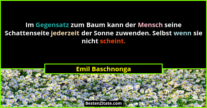 Im Gegensatz zum Baum kann der Mensch seine Schattenseite jederzeit der Sonne zuwenden. Selbst wenn sie nicht scheint.... - Emil Baschnonga