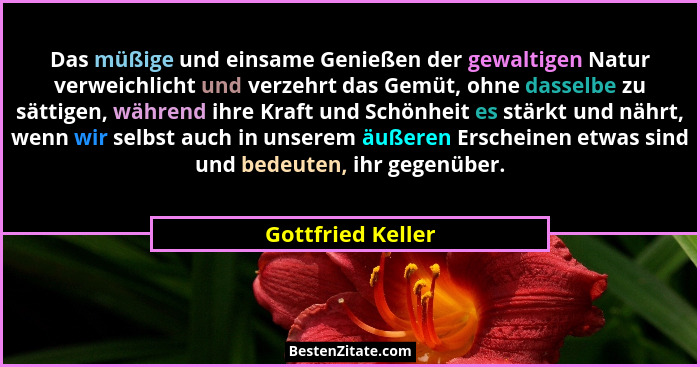 Das müßige und einsame Genießen der gewaltigen Natur verweichlicht und verzehrt das Gemüt, ohne dasselbe zu sättigen, während ihre... - Gottfried Keller