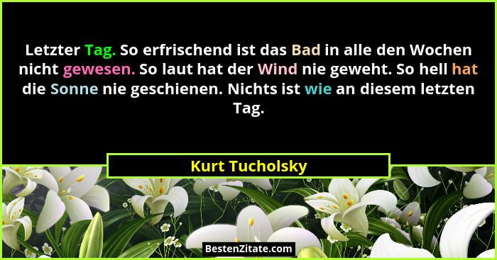 Letzter Tag. So erfrischend ist das Bad in alle den Wochen nicht gewesen. So laut hat der Wind nie geweht. So hell hat die Sonne nie... - Kurt Tucholsky