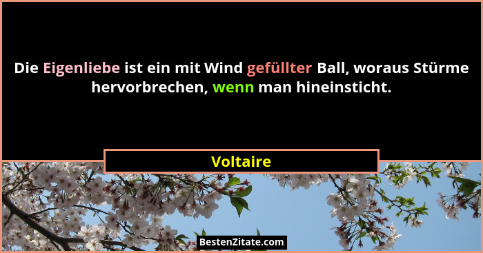 Die Eigenliebe ist ein mit Wind gefüllter Ball, woraus Stürme hervorbrechen, wenn man hineinsticht.... - Voltaire