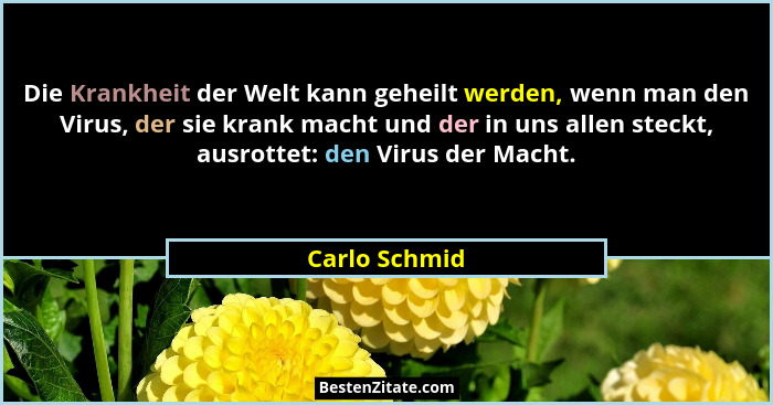 Die Krankheit der Welt kann geheilt werden, wenn man den Virus, der sie krank macht und der in uns allen steckt, ausrottet: den Virus d... - Carlo Schmid