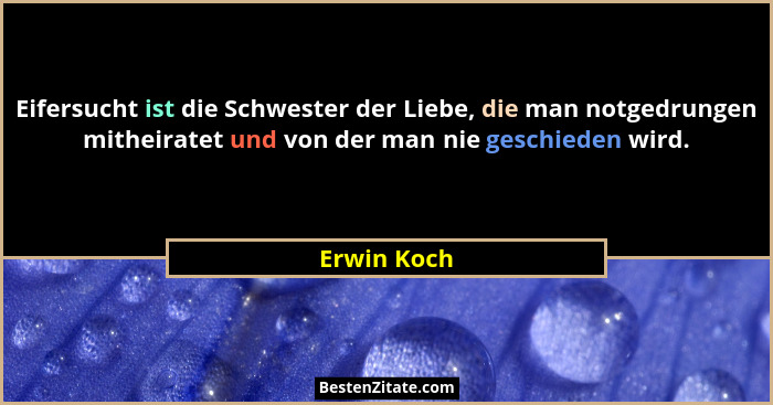Eifersucht ist die Schwester der Liebe, die man notgedrungen mitheiratet und von der man nie geschieden wird.... - Erwin Koch