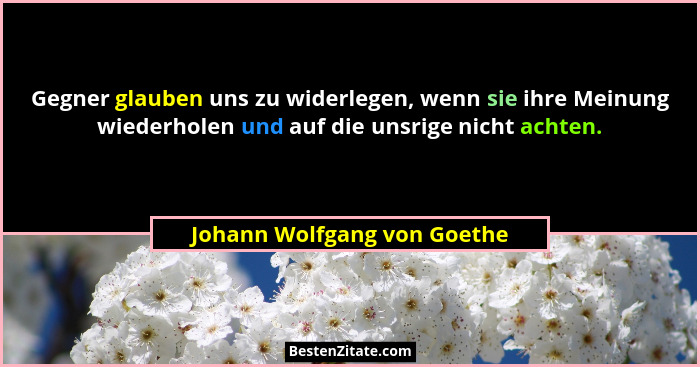 Gegner glauben uns zu widerlegen, wenn sie ihre Meinung wiederholen und auf die unsrige nicht achten.... - Johann Wolfgang von Goethe
