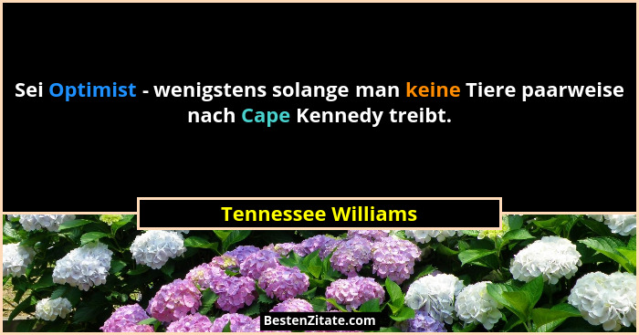 Sei Optimist - wenigstens solange man keine Tiere paarweise nach Cape Kennedy treibt.... - Tennessee Williams
