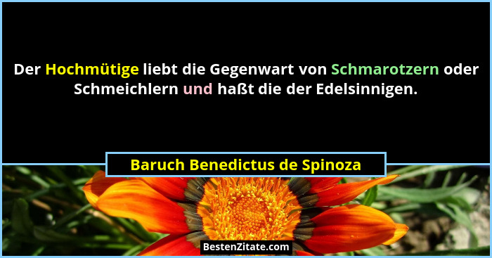 Der Hochmütige liebt die Gegenwart von Schmarotzern oder Schmeichlern und haßt die der Edelsinnigen.... - Baruch Benedictus de Spinoza