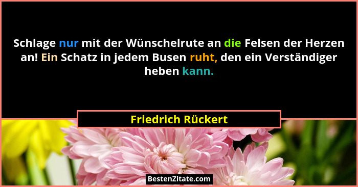 Schlage nur mit der Wünschelrute an die Felsen der Herzen an! Ein Schatz in jedem Busen ruht, den ein Verständiger heben kann.... - Friedrich Rückert