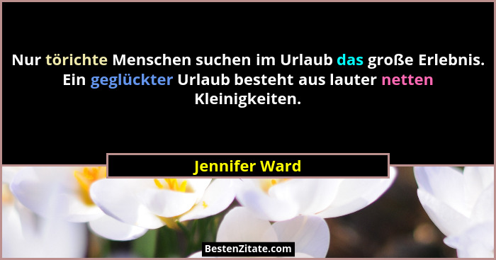 Nur törichte Menschen suchen im Urlaub das große Erlebnis. Ein geglückter Urlaub besteht aus lauter netten Kleinigkeiten.... - Jennifer Ward