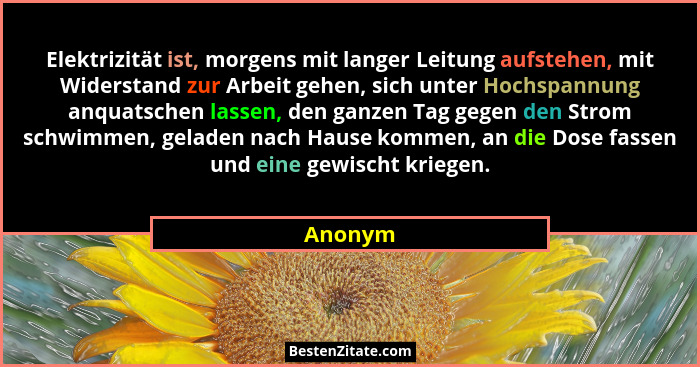 Elektrizität ist, morgens mit langer Leitung aufstehen, mit Widerstand zur Arbeit gehen, sich unter Hochspannung anquatschen lassen, den ganz... - Anonym