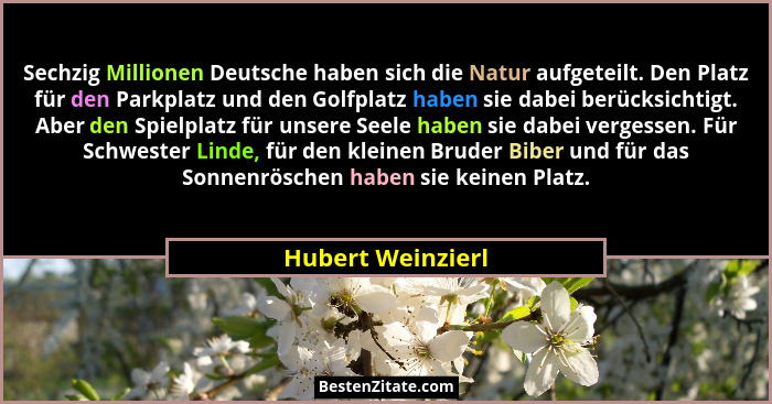 Sechzig Millionen Deutsche haben sich die Natur aufgeteilt. Den Platz für den Parkplatz und den Golfplatz haben sie dabei berücksic... - Hubert Weinzierl