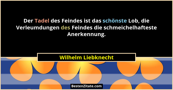 Der Tadel des Feindes ist das schönste Lob, die Verleumdungen des Feindes die schmeichelhafteste Anerkennung.... - Wilhelm Liebknecht