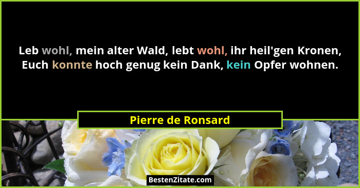 Leb wohl, mein alter Wald, lebt wohl, ihr heil'gen Kronen, Euch konnte hoch genug kein Dank, kein Opfer wohnen.... - Pierre de Ronsard