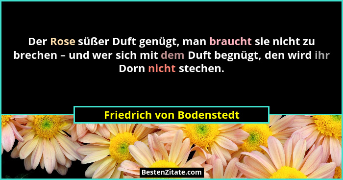 Der Rose süßer Duft genügt, man braucht sie nicht zu brechen – und wer sich mit dem Duft begnügt, den wird ihr Dorn nicht s... - Friedrich von Bodenstedt