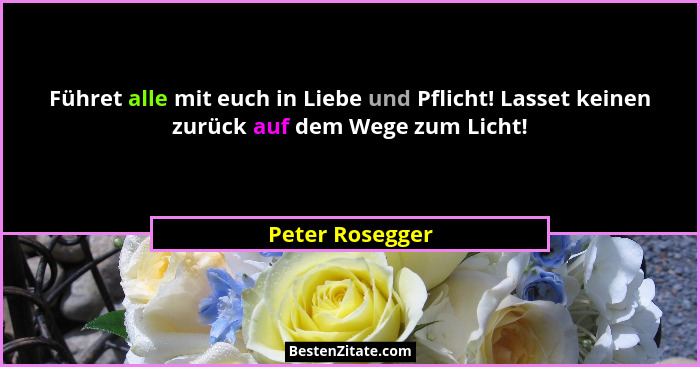 Führet alle mit euch in Liebe und Pflicht! Lasset keinen zurück auf dem Wege zum Licht!... - Peter Rosegger