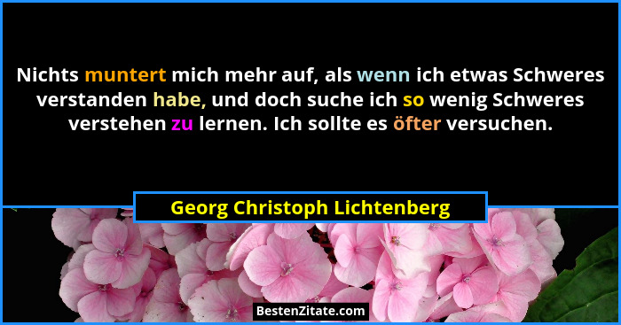 Nichts muntert mich mehr auf, als wenn ich etwas Schweres verstanden habe, und doch suche ich so wenig Schweres verstehe... - Georg Christoph Lichtenberg
