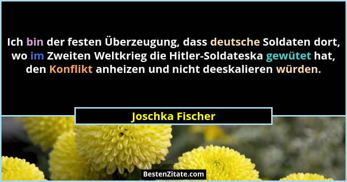 Ich bin der festen Überzeugung, dass deutsche Soldaten dort, wo im Zweiten Weltkrieg die Hitler-Soldateska gewütet hat, den Konflikt... - Joschka Fischer