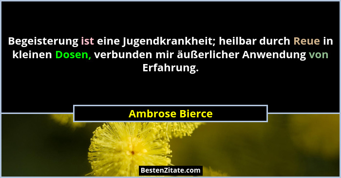 Begeisterung ist eine Jugendkrankheit; heilbar durch Reue in kleinen Dosen, verbunden mir äußerlicher Anwendung von Erfahrung.... - Ambrose Bierce
