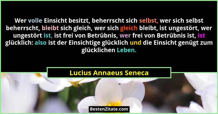 Wer volle Einsicht besitzt, beherrscht sich selbst, wer sich selbst beherrscht, bleibt sich gleich, wer sich gleich bleibt, is... - Lucius Annaeus Seneca