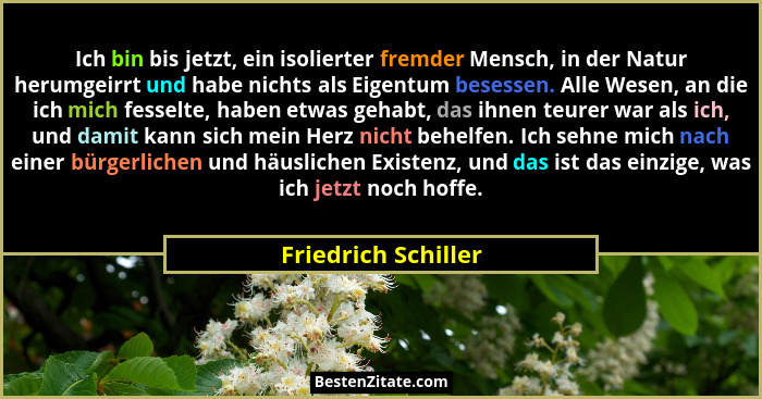 Ich bin bis jetzt, ein isolierter fremder Mensch, in der Natur herumgeirrt und habe nichts als Eigentum besessen. Alle Wesen, an... - Friedrich Schiller