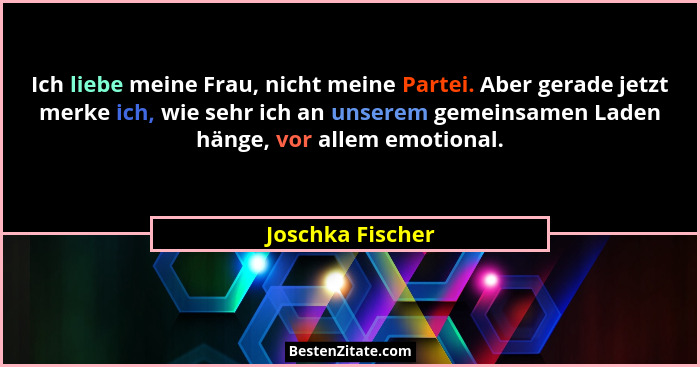Ich liebe meine Frau, nicht meine Partei. Aber gerade jetzt merke ich, wie sehr ich an unserem gemeinsamen Laden hänge, vor allem em... - Joschka Fischer