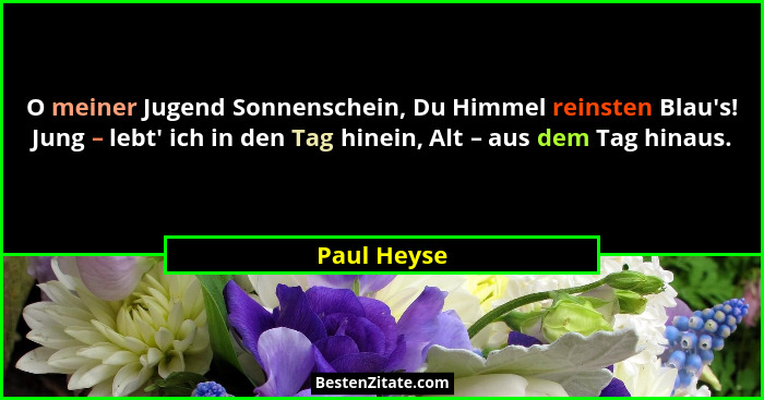 O meiner Jugend Sonnenschein, Du Himmel reinsten Blau's! Jung – lebt' ich in den Tag hinein, Alt – aus dem Tag hinaus.... - Paul Heyse