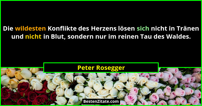 Die wildesten Konflikte des Herzens lösen sich nicht in Tränen und nicht in Blut, sondern nur im reinen Tau des Waldes.... - Peter Rosegger