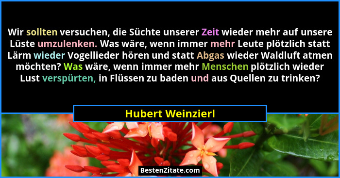 Wir sollten versuchen, die Süchte unserer Zeit wieder mehr auf unsere Lüste umzulenken. Was wäre, wenn immer mehr Leute plötzlich s... - Hubert Weinzierl