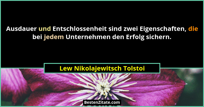 Ausdauer und Entschlossenheit sind zwei Eigenschaften, die bei jedem Unternehmen den Erfolg sichern.... - Lew Nikolajewitsch Tolstoi