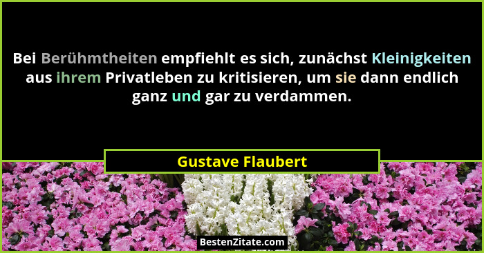 Bei Berühmtheiten empfiehlt es sich, zunächst Kleinigkeiten aus ihrem Privatleben zu kritisieren, um sie dann endlich ganz und gar... - Gustave Flaubert