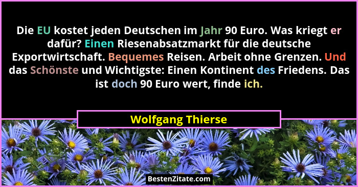 Die EU kostet jeden Deutschen im Jahr 90 Euro. Was kriegt er dafür? Einen Riesenabsatzmarkt für die deutsche Exportwirtschaft. Bequ... - Wolfgang Thierse
