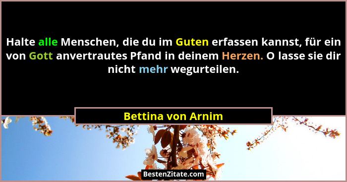 Halte alle Menschen, die du im Guten erfassen kannst, für ein von Gott anvertrautes Pfand in deinem Herzen. O lasse sie dir nicht... - Bettina von Arnim