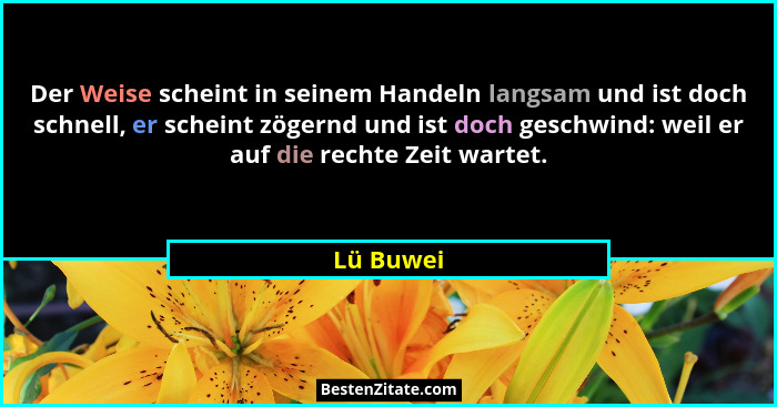 Der Weise scheint in seinem Handeln langsam und ist doch schnell, er scheint zögernd und ist doch geschwind: weil er auf die rechte Zeit wa... - Lü Buwei