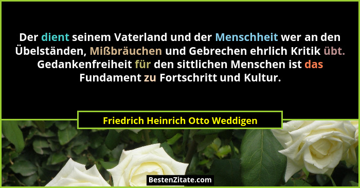 Der dient seinem Vaterland und der Menschheit wer an den Übelständen, Mißbräuchen und Gebrechen ehrlich Kritik übt.... - Friedrich Heinrich Otto Weddigen