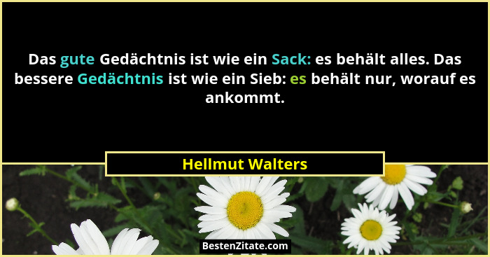 Das gute Gedächtnis ist wie ein Sack: es behält alles. Das bessere Gedächtnis ist wie ein Sieb: es behält nur, worauf es ankommt.... - Hellmut Walters