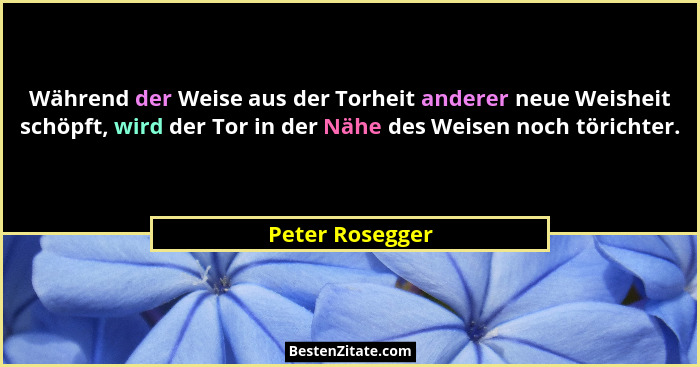 Während der Weise aus der Torheit anderer neue Weisheit schöpft, wird der Tor in der Nähe des Weisen noch törichter.... - Peter Rosegger