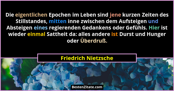 Die eigentlichen Epochen im Leben sind jene kurzen Zeiten des Stillstandes, mitten inne zwischen dem Aufsteigen und Absteigen ei... - Friedrich Nietzsche