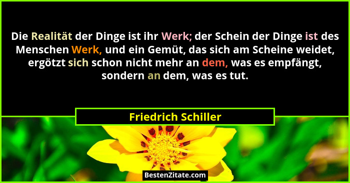 Die Realität der Dinge ist ihr Werk; der Schein der Dinge ist des Menschen Werk, und ein Gemüt, das sich am Scheine weidet, ergöt... - Friedrich Schiller