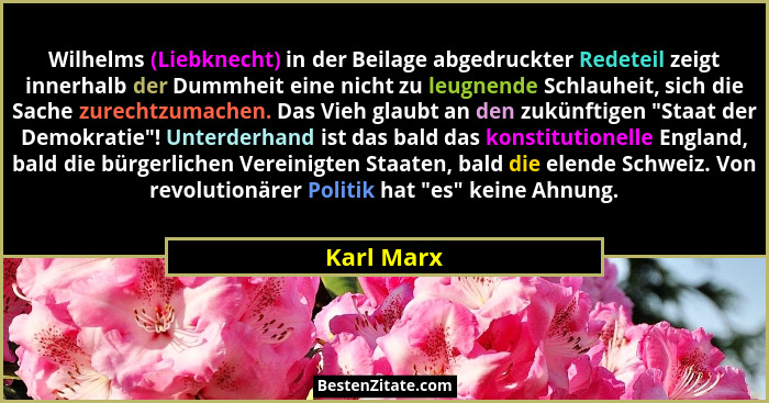 Wilhelms (Liebknecht) in der Beilage abgedruckter Redeteil zeigt innerhalb der Dummheit eine nicht zu leugnende Schlauheit, sich die Sache... - Karl Marx