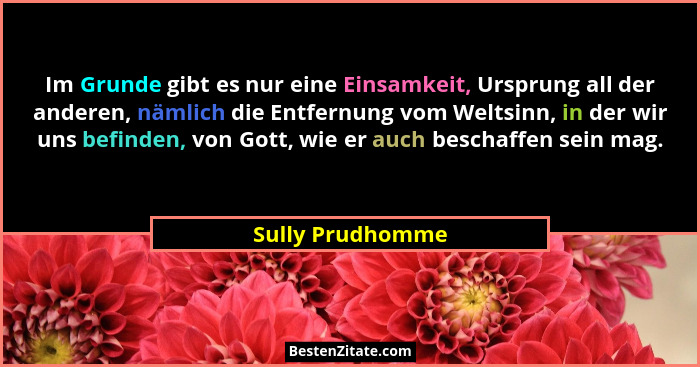 Im Grunde gibt es nur eine Einsamkeit, Ursprung all der anderen, nämlich die Entfernung vom Weltsinn, in der wir uns befinden, von G... - Sully Prudhomme
