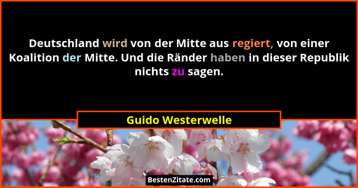 Deutschland wird von der Mitte aus regiert, von einer Koalition der Mitte. Und die Ränder haben in dieser Republik nichts zu sagen... - Guido Westerwelle
