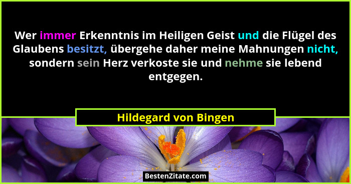 Wer immer Erkenntnis im Heiligen Geist und die Flügel des Glaubens besitzt, übergehe daher meine Mahnungen nicht, sondern sein... - Hildegard von Bingen