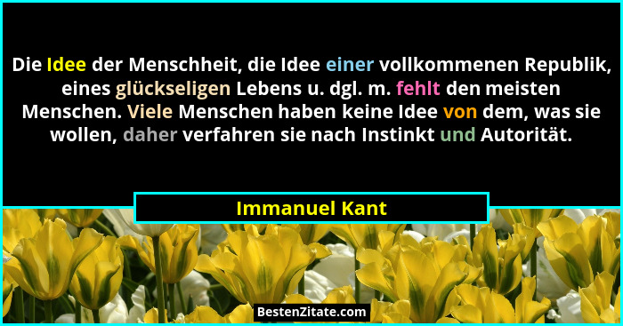 Die Idee der Menschheit, die Idee einer vollkommenen Republik, eines glückseligen Lebens u. dgl. m. fehlt den meisten Menschen. Viele... - Immanuel Kant