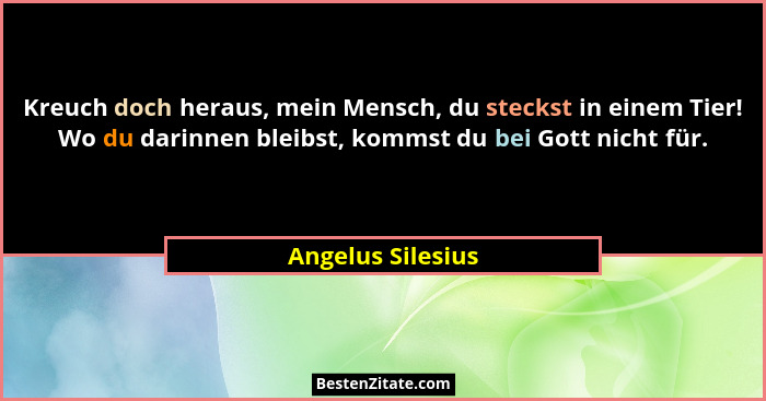 Kreuch doch heraus, mein Mensch, du steckst in einem Tier! Wo du darinnen bleibst, kommst du bei Gott nicht für.... - Angelus Silesius