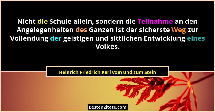 Nicht die Schule allein, sondern die Teilnahme an den Angelegenheiten des Ganzen ist der sicherste Weg zur... - Heinrich Friedrich Karl vom und zum Stein