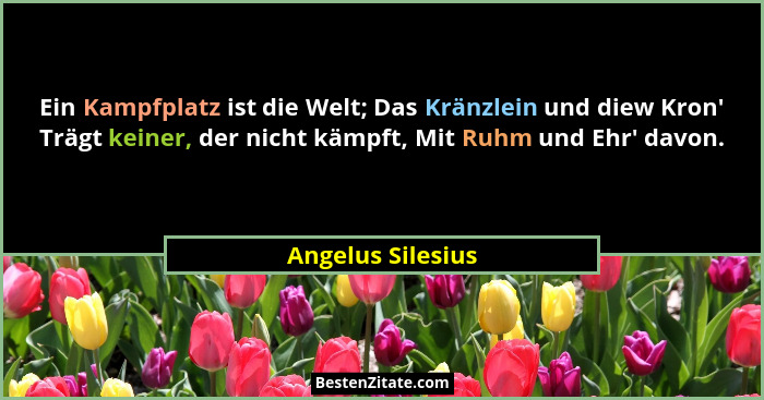Ein Kampfplatz ist die Welt; Das Kränzlein und diew Kron' Trägt keiner, der nicht kämpft, Mit Ruhm und Ehr' davon.... - Angelus Silesius