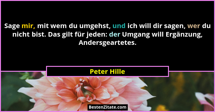 Sage mir, mit wem du umgehst, und ich will dir sagen, wer du nicht bist. Das gilt für jeden: der Umgang will Ergänzung, Andersgeartetes.... - Peter Hille